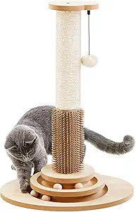 Made4Pets Cat Scratching Post, 23" Tall Sisal Cat Scratcher Post with Self Groomer, 4-in-1 Interactive Trackball Toys with Hair Brush, Vertical Cat Climbing Tree with Dangling Plush Balls