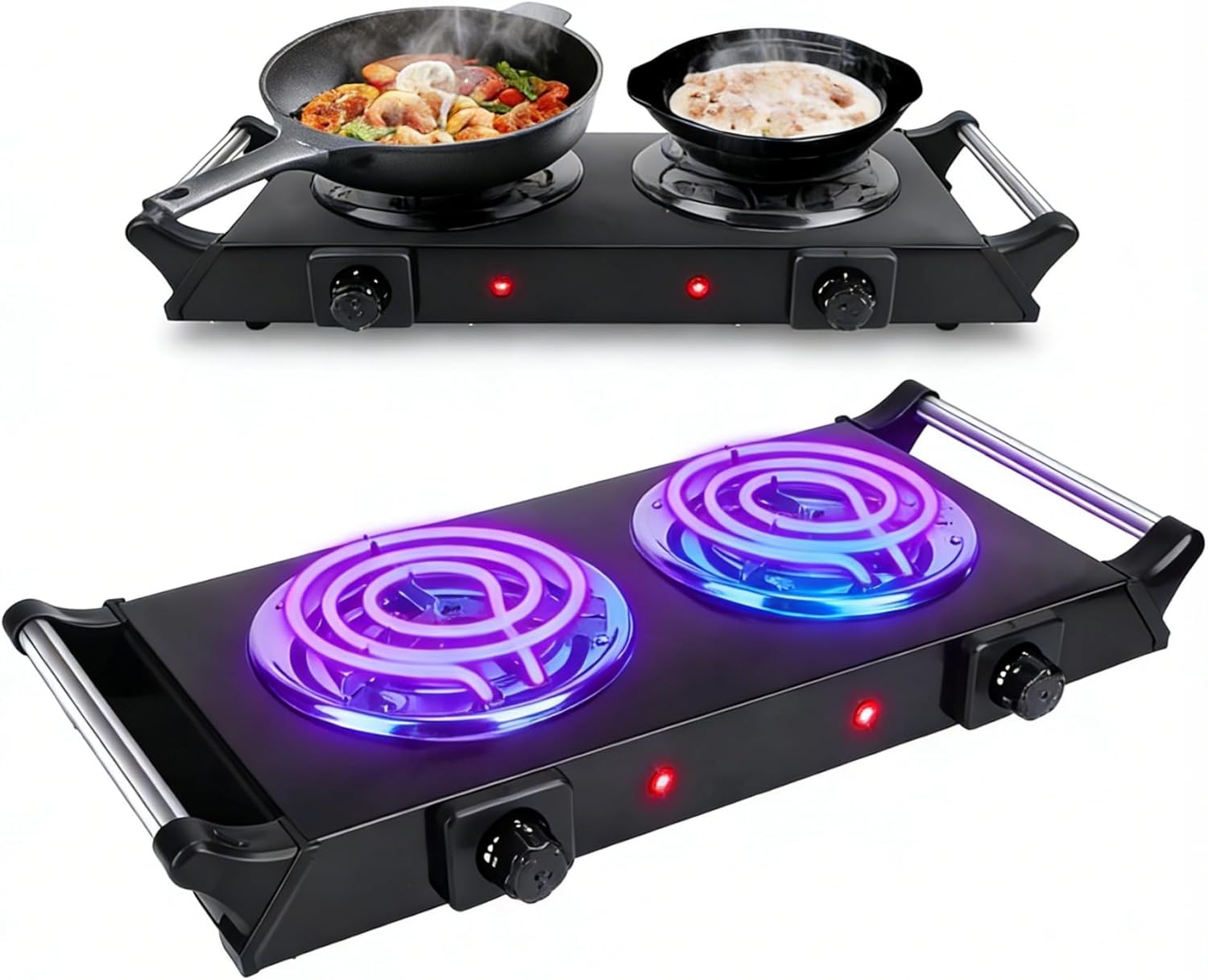 2000W Double Coil Electric Burner, Portable Countertop Stove with 5-Level Temperature Control, Cast Iron Hot Plate for RV, Home, and Camping, 110V, Easy to Clean with Stay-Cool Handles