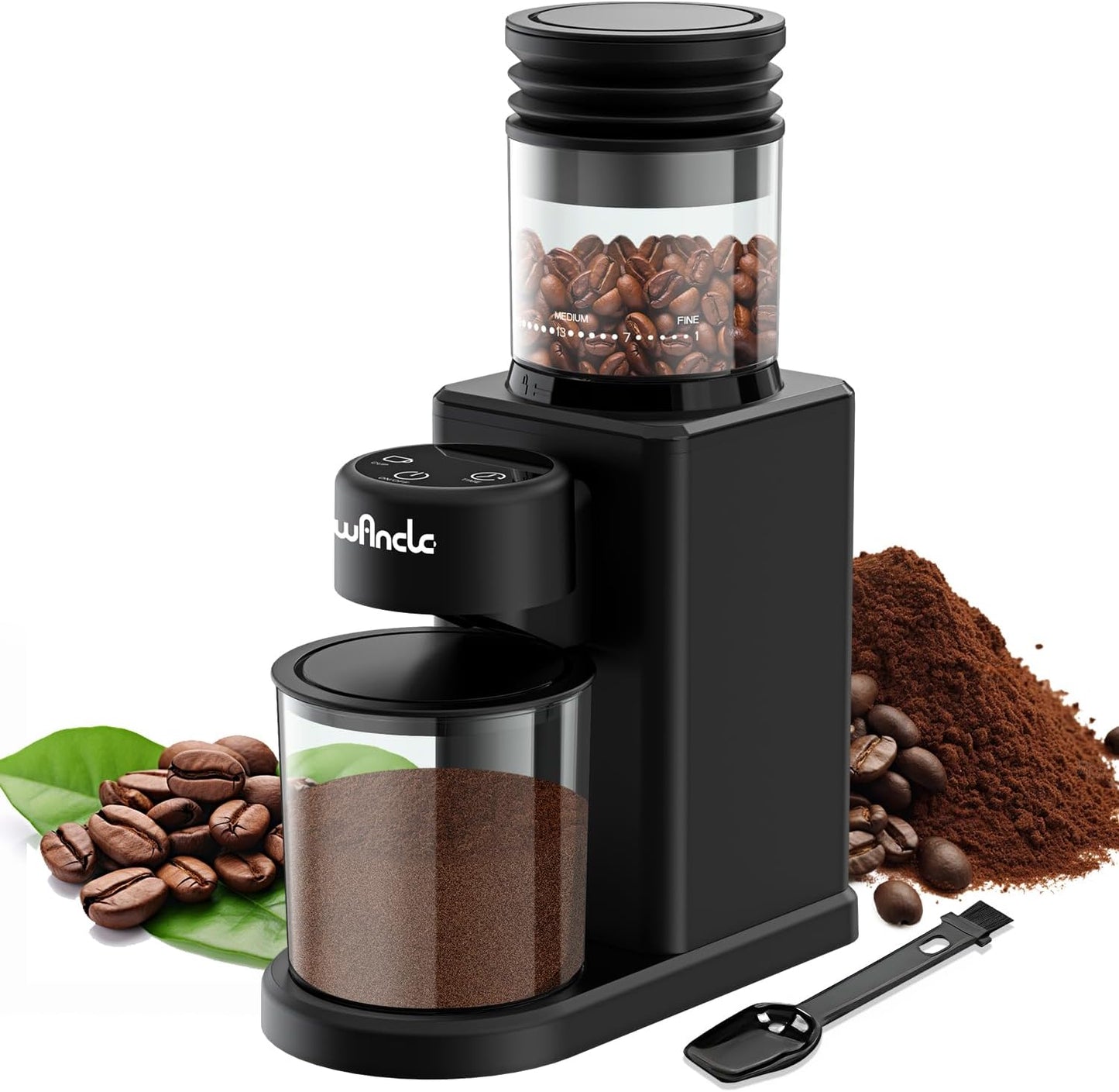 Wancle Conical Burr Coffee Grinder Touch Edition Electric Coffee Bean Grinder - 25 Grind Settings, Precision Timer, Anti-Static, Compact with Air Blower, 200W Motor