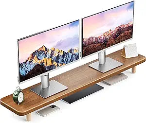 Dual Monitor Stand Riser, 39Inch Extra Long Wooden Desktop Monitor Riser with Storage for 2 Monitors Ultra Strong Desk Shelf Organizer Riser Ergonomic for 2 Screens/Laptop/PC/TV/Printer, Large, Walnut