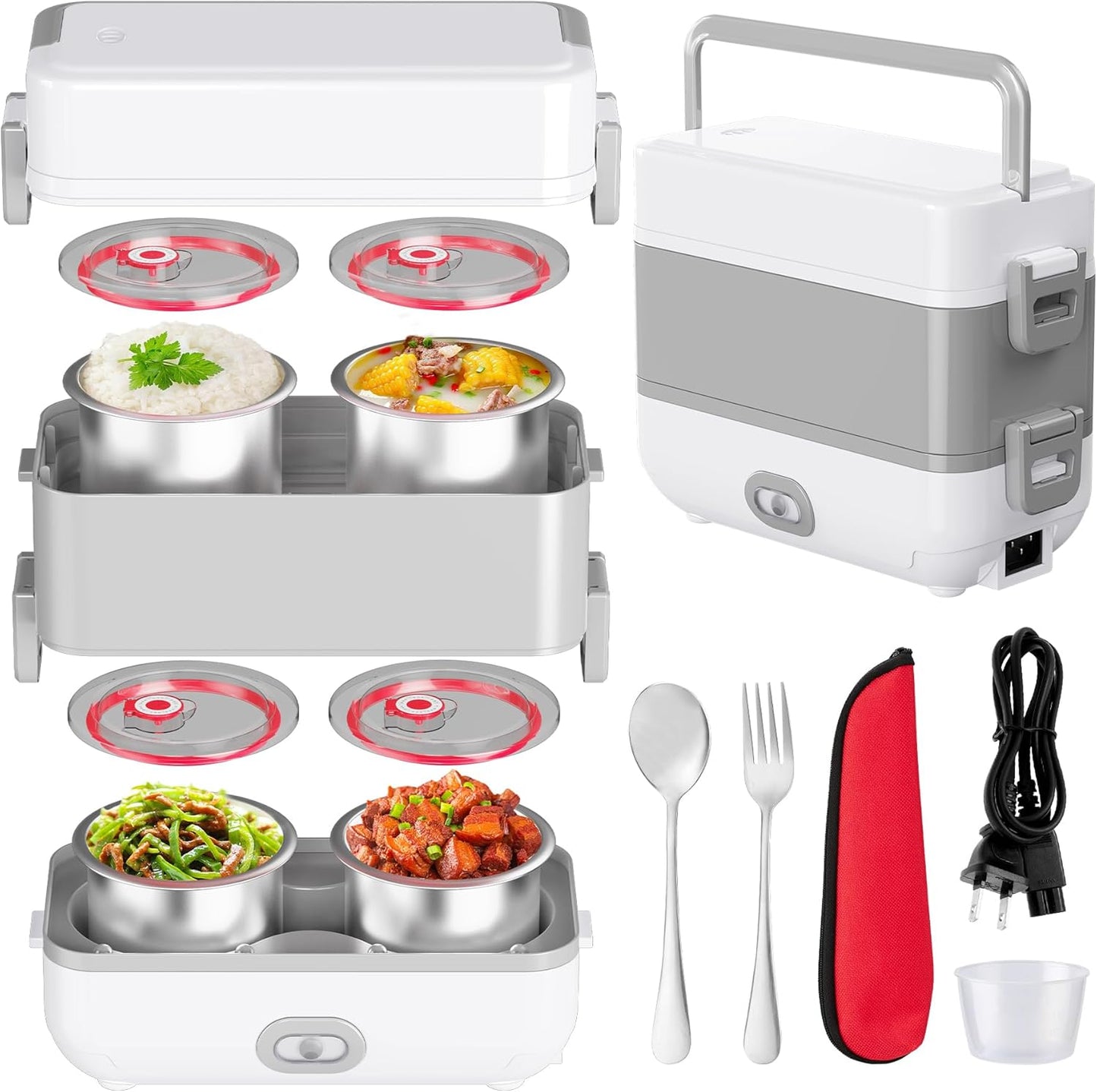Electric Lunch Box for Adults, 2L Dual-Layer Stainless Steel Heated Food Warmer with 4 Containers, 200W Fast Heating Lunchbox for Work/Home/Office, Lonchera Para Mujeres y Hombres, White