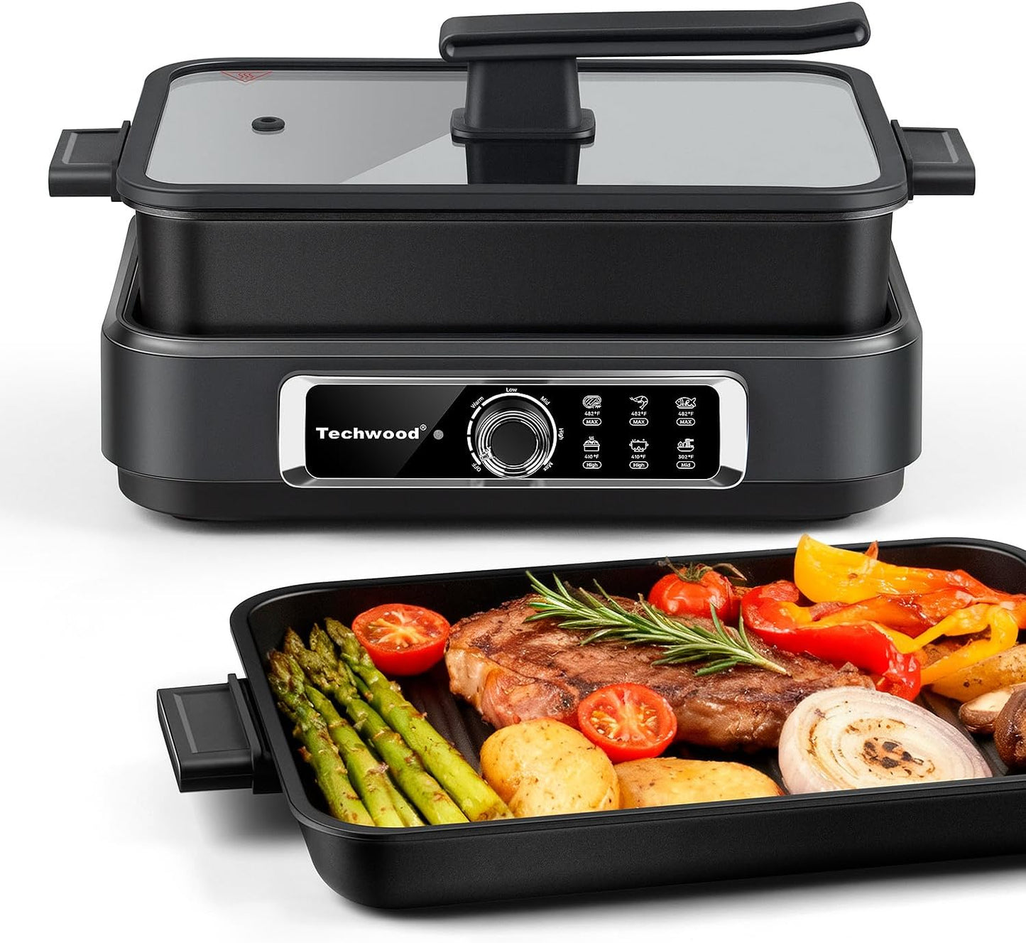 Slow Cooker, Techwood Electric Skillet 7.5-Quart Extra-large Capacity Multi-Cooker with 5-Level Heat Settings, Come with Non-stick Skillet Pan & Cooking Pot, Dishwasher Safe, Black