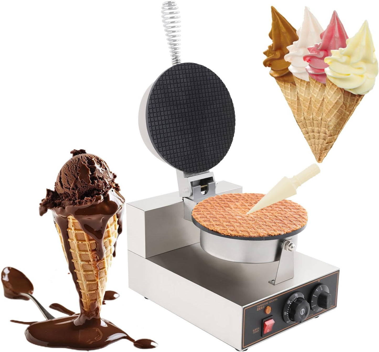 Electric Ice Cream Cone Waffle Maker Machine 1200W Stainless Steel Nonstick Surface for Commercial Home Use (Electric Ice Cream Cone Waffle Maker Machine)