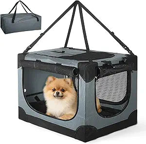 24 inch Small Dog Crate - for Small Dogs, Portable Travel Pet Crate with 4 Mesh Doors, Foldable Car Kennel for Puppy with Handle for Indoor and Outdoor, Gray
