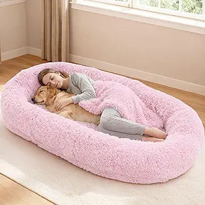 Human Dog Bed 78''Foldable for Adult Kids Faux Fur Washable Removable Giant Pet Bed with Present Blanket, Pink