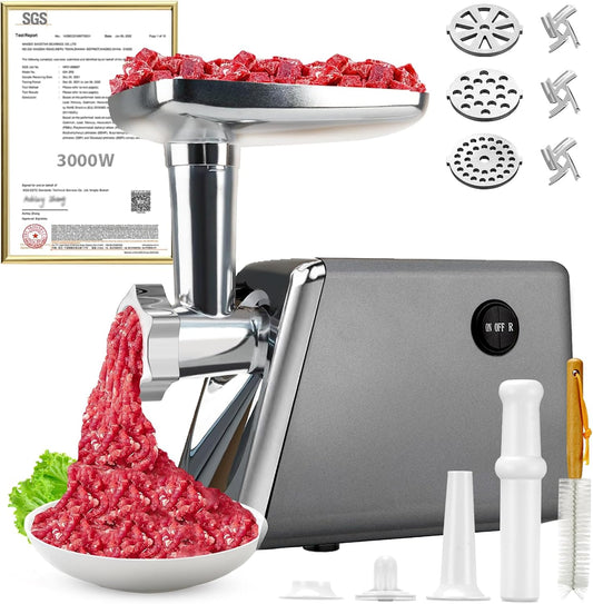 5.0 Upgrader Electric Meat Grinder 【NO.1 Germany 3000W Super Motor】【SGS Certified SUS304 Blade & Plate】3-Second Fast Meat Grinding, Perfect For Meat Grinders For Home Use-N (Gray)