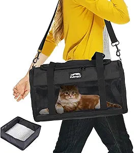 TSA Approved Pet Carrier in Cabin with Foldable Litter Box for Kittens and Small Dogs Fits Pets Up to 15 lbs, Animal Rabbit Puppy Soft Pet Carrier Portable Airline Approved, Travel for Comfort, Black