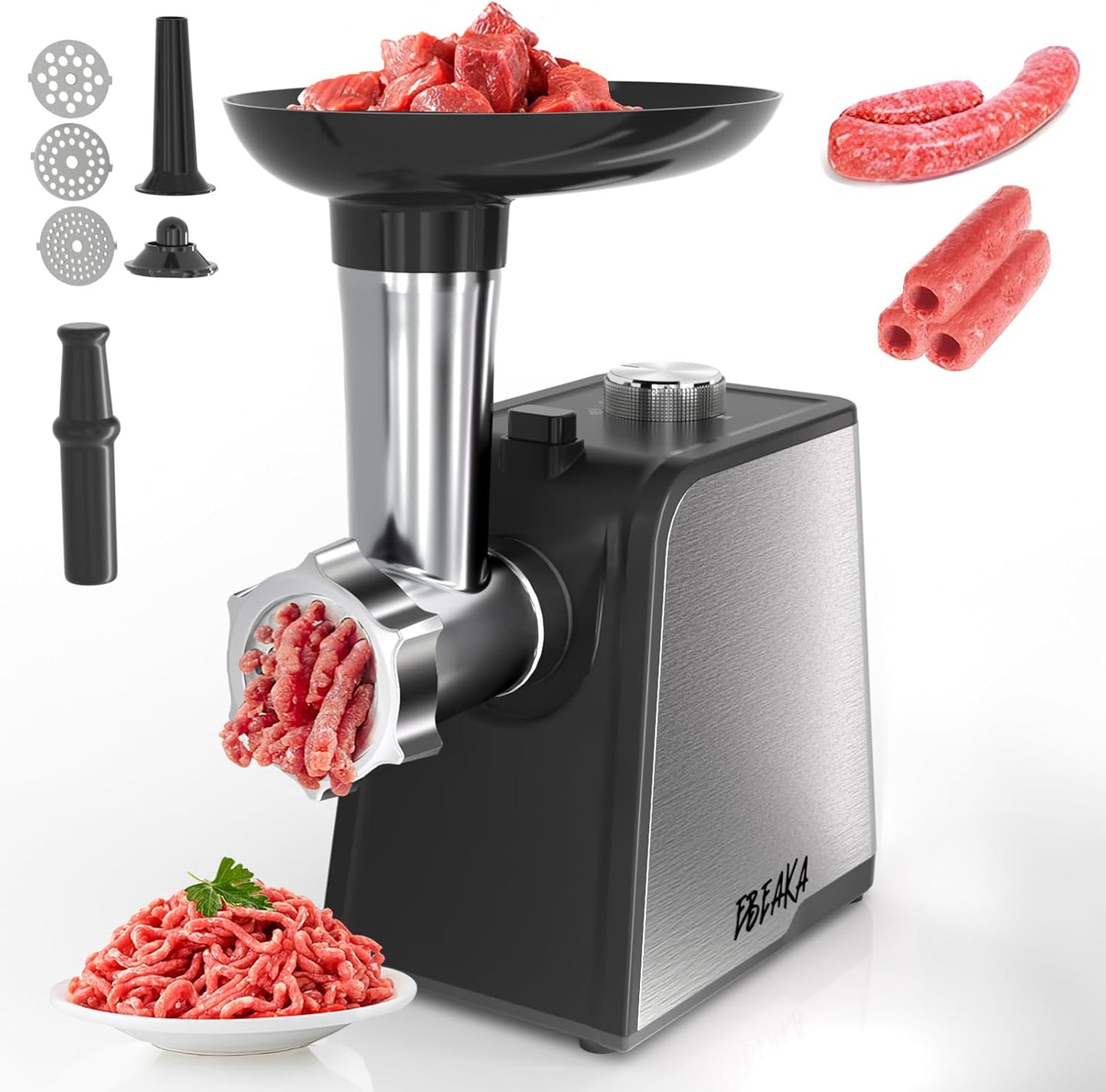 EBEAKA Electric Meat Grinder & Sausage Stuffer - Heavy Duty Mincer with 3 Plates, Kubbe Kit & Stainless Steel Blades for Home Kitchen