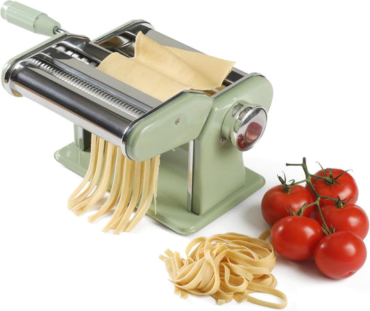 Sur La Table Kitchen Essential Va Bene Manual Pasta Maker Machine Noodle Maker w/Rollers & Cutters - Spaghetti, Fettuccini, Lasagna or Dumpling Skin - Stainless Steel/Juniper Green