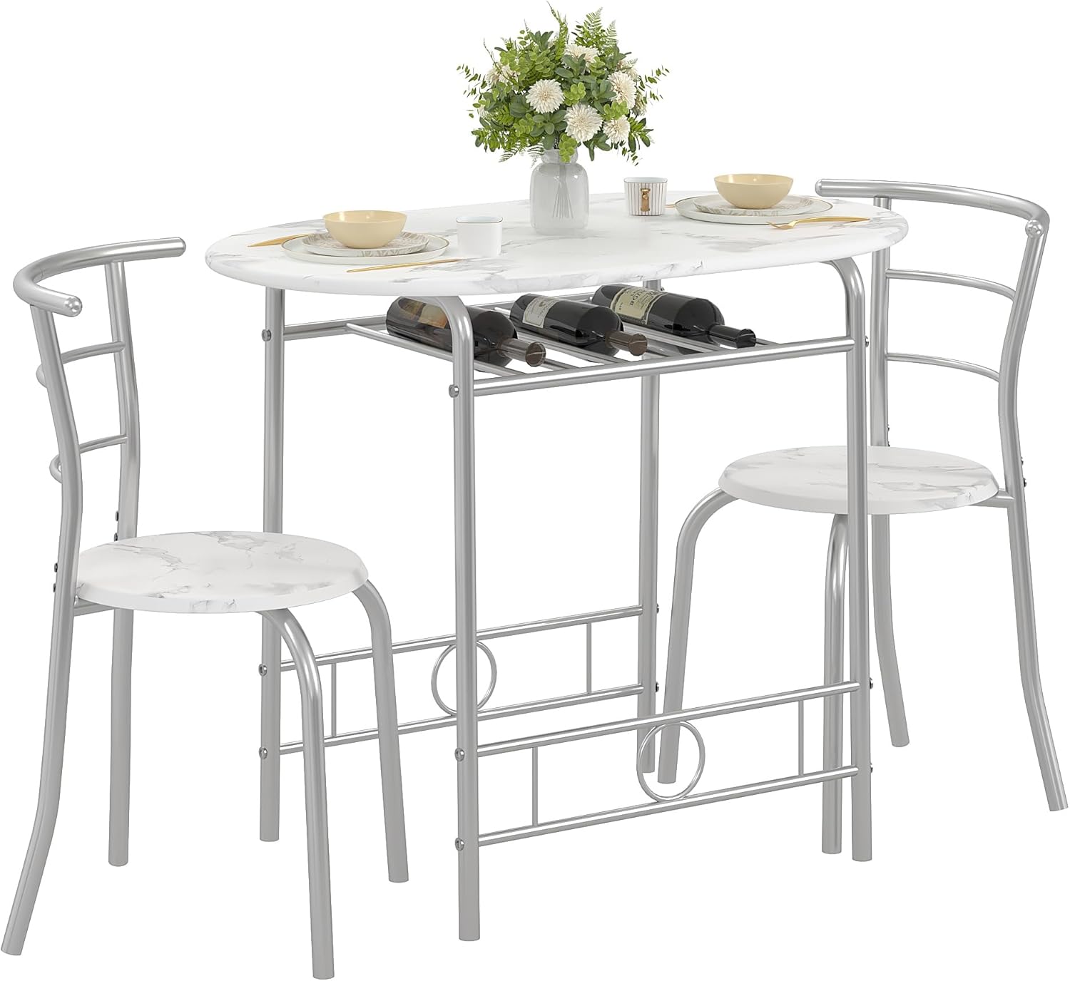 VECELO 3-Piece Dining Table Set for Kitchen Breakfast Nook, Faux Marbled Oval Tabletop and Metal Frame with Built-in Wine Rack, for Small Spaces, White & Silver