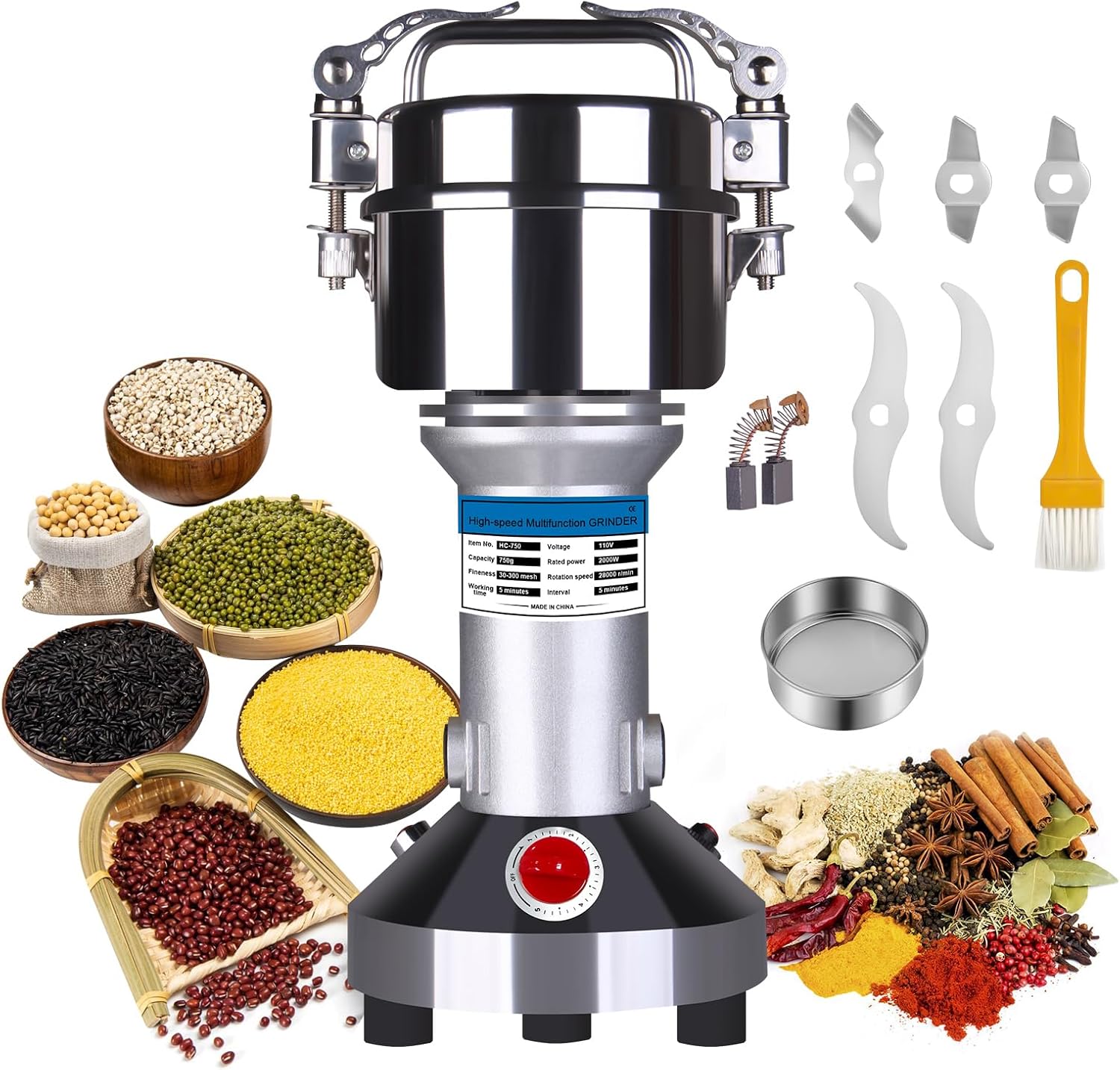 750g Electric Grain Grinder, Stainless Steel Dry Mill - for Coffee, Spices, Herbs, Grains & Rice, High-Speed Powder Kitchenaid Grain mill Machine for Kitchen & Commercial Use