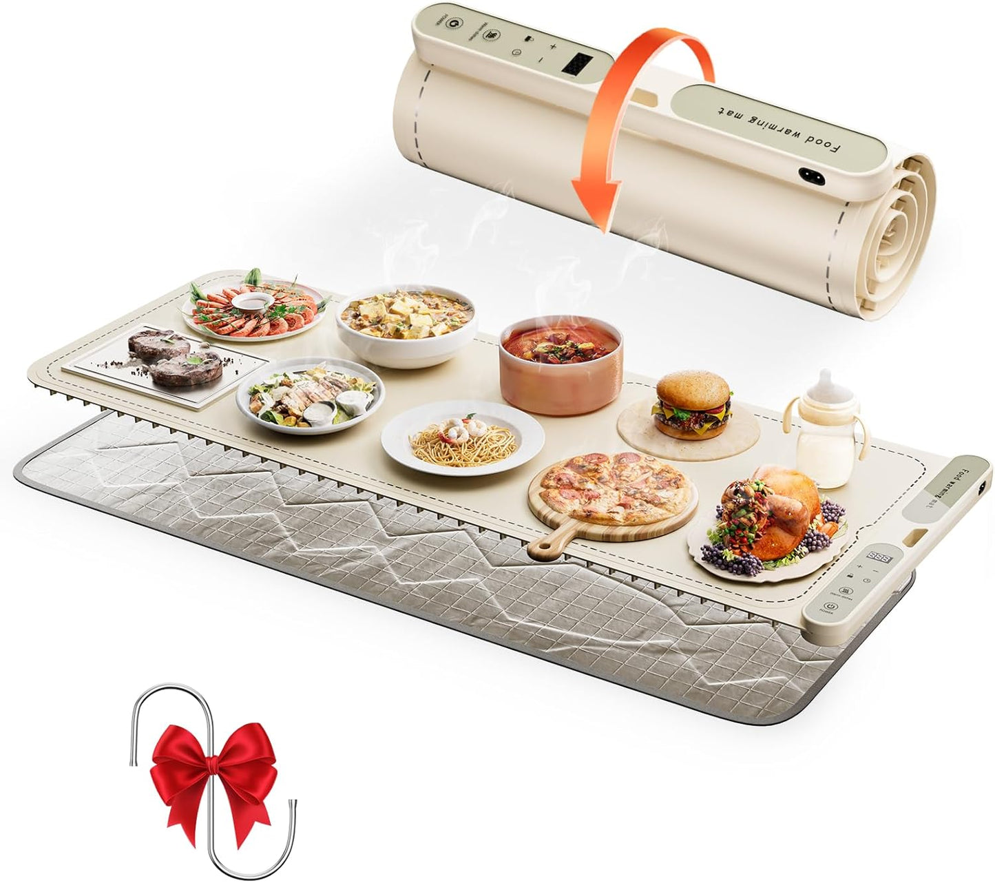 Electric Warming Mat for Food, Large 39x15 Silicone Warming Mat with Storage Hook, 7 Temp Settings, 8H Timer, Heat Resistant Pad, Rollable Food Warmer for Parties, Buffets & Shabbat