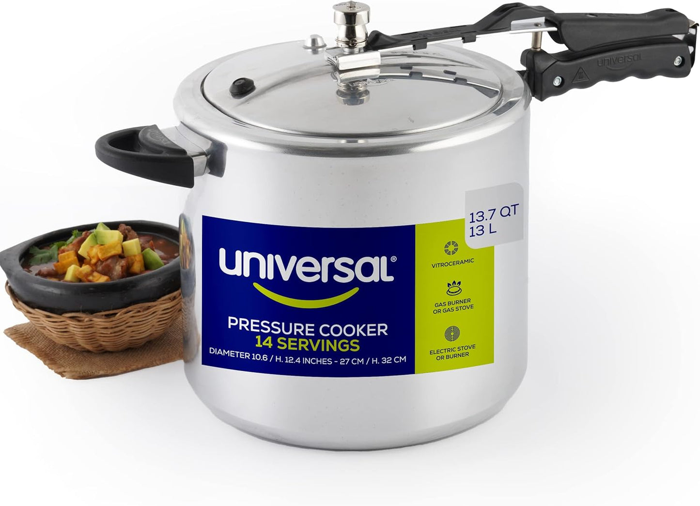 Universal (13.7 Quart \/ 13 Liter) Pressure Cooker, 14 Servings, Aluminum Pressure Cooker With Multiple Safety Systems and Heat Resistant Handles For Stews, Soup, Meat, and Beans