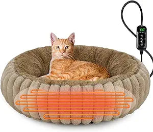 INVENHO Heated Cat Beds for Indoor Cats and Small Dogs, 20" Cozy Donut Heated Pet Bed with Timer & Temp Adjustable, Removable Waterproof Electric Warming Bed for Indoor Cat