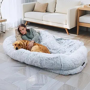 Human Dog Bed, 71''x45''x12'' Size Fits Adult and Pet Washable Giant People DogBed 10 CM Thick Memory Foam Large Oversize Dog Bed with Plump Pillow, Blanket, Strap - Grey