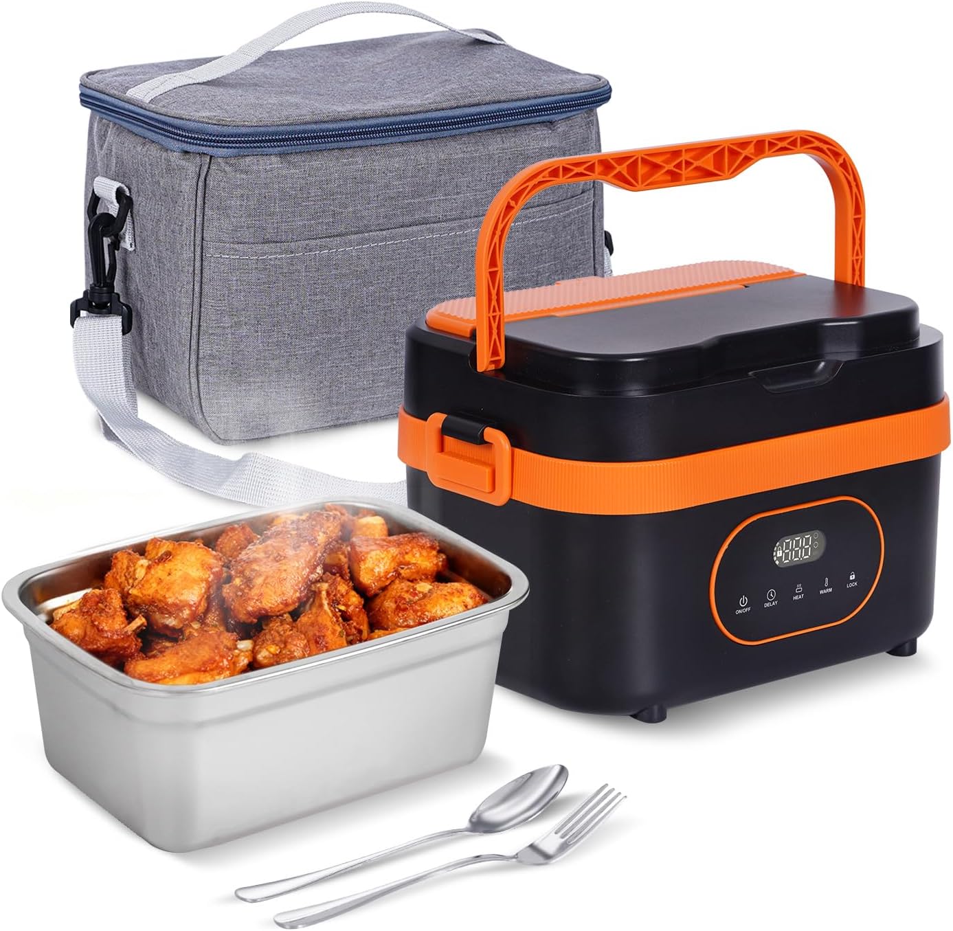 Cordless Electric Lunch Box for Adults, 16000mAh Rechargeable Auto Heated Lunch Box, 1.5L Container for Outdoor, Work, Office, Camping, Travel(Black＆orange)