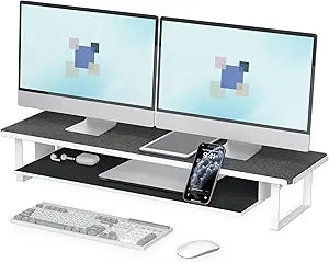 Carbon Steel Dural Monitor Stand, 2 Tier Desktop Organizer with Pull-out Sliding Tray for Phone/Tablet, 31.5" Heavy Duty Large Monitor Riser , Ergonomic Computer 2 Monitor Stand for Home Office Desk