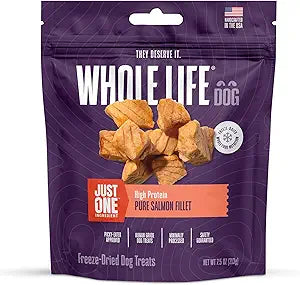 Whole Life Dog Just One Salmon Freeze Dried Dog Treats - Human Grade High Protein Food, Healthy Training Snacks, Freeze Dried Salmon Food Toppers, USA Made Natural Treats - 7.5 oz (Value Pack of 1)