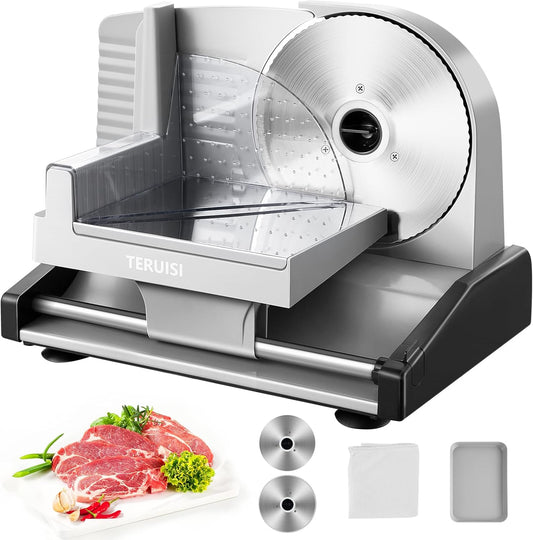 TERUISI Meat Slicer, 200W Electric Deli Food Slicer with 2 Removable 7.5'' Stainless Steel Blades and Tray, 0-15mm Adjustable Thickness For Home Use, Easy to Clean, Cuts Meat, Bread and Cheese