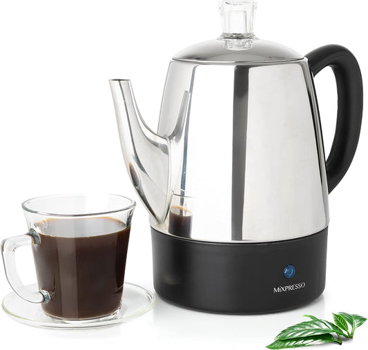 Mixpresso Small Electric Percolator Coffee Pot 4 Cup Stainless Steel - Coffee Percolator Electric with Keep Warm Function - Auto Shut-Off for Safe Daily Brewing
