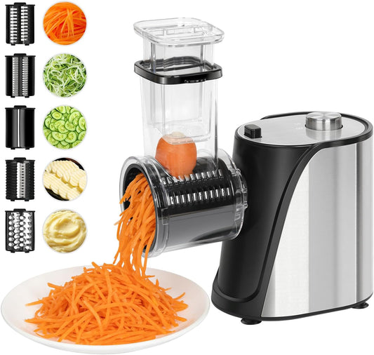 Electric Vegetables Slicer Cheese Shredder, 5-in-1 250W Professional Automatic Salad Fruits Maker Shooter Chopper Machine Kitchen Cutter Grater Food Processor with 5 Different Blades