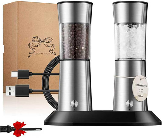 Gravity Electric Salt and Pepper Grinder Set, Automatic Mills with Rechargeable Charging Base, Built-in LED Light & Stainless Steel Body