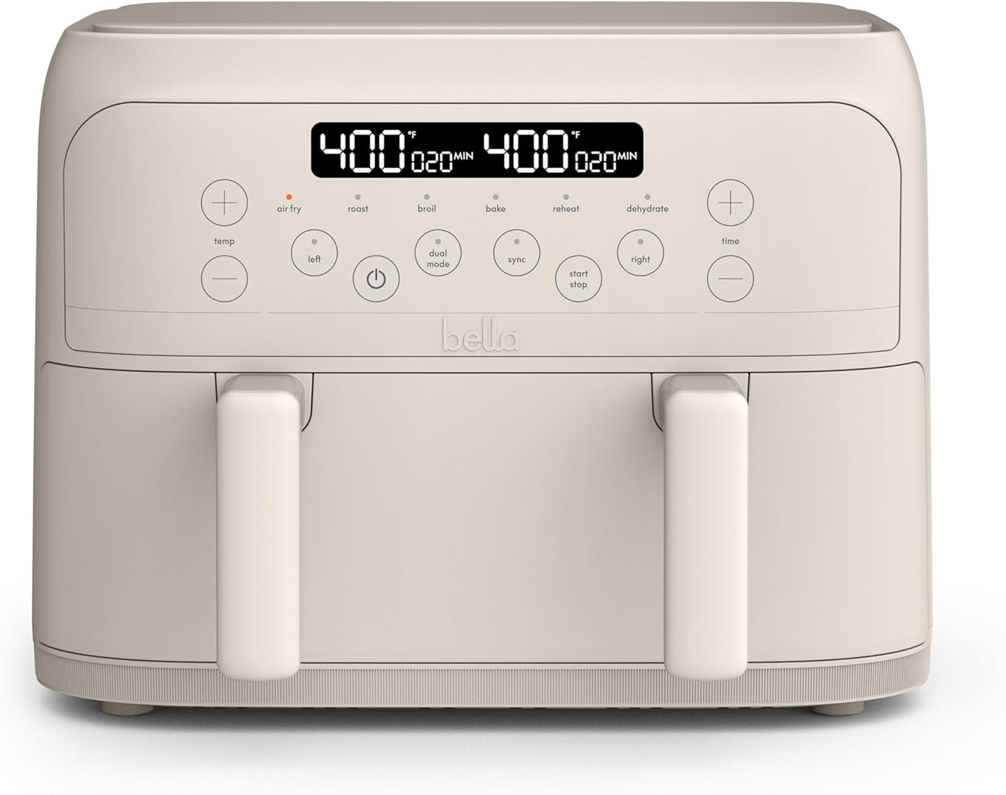 bella 4 Qt TriZone Air Fryer, EverGood™ Ceramic Nonstick Coating, Dual Basket Design w Removable Divider, Digital Touchscreen Control w 6 Preset Cooking Options, 1200 Watt, 3lb Capacity, Oatmilk