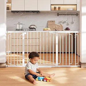 Cumbor 36.6-64" Extra Wide Baby Gate for Stairs, Dog Gates for Doorways, Auto-Close Pet Gate Indoor, Pressure Mounted Walk Through Safety Child Gate for Kids Toddler, Tall Pet Puppy Fence Gate, White
