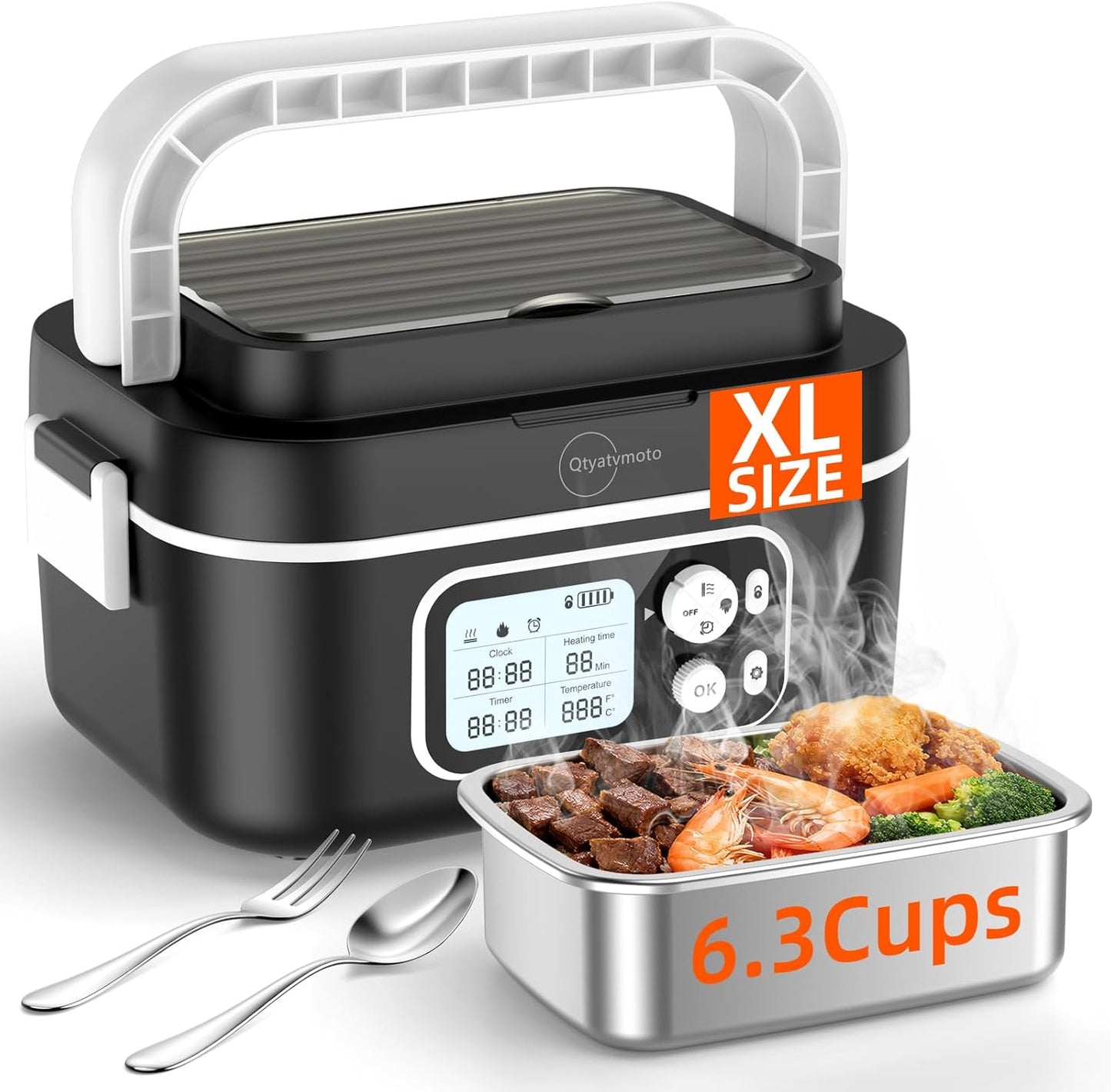 Heated Lunch Box for Men,1.5L Cordless Electric Lunch Box for Adults,100W Portable Rechargeable Self Heating Food Warmer with Timer and Adjustable Heating for Office Outdoor Truck driver Use Black