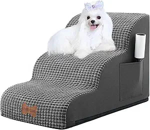 Dog Stairs for Small Dogs, Wide Pet Step with Removable Cover, No Assembly High Density Foam Cat Ramp for Bed or Sofa, 3-Step, Dark Grey