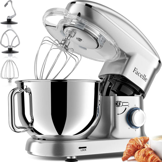 Facelle Stand Mixer, Electric Kitchen Mixer, 660W 6 Speed Tilt-Head stand mixer with Pulse, Attachments include 6.5QT Bowl, Dishwasher Safe Beater,Dough Hook,Whisk for Dough,Baking,Cakes,Cookie-Silver