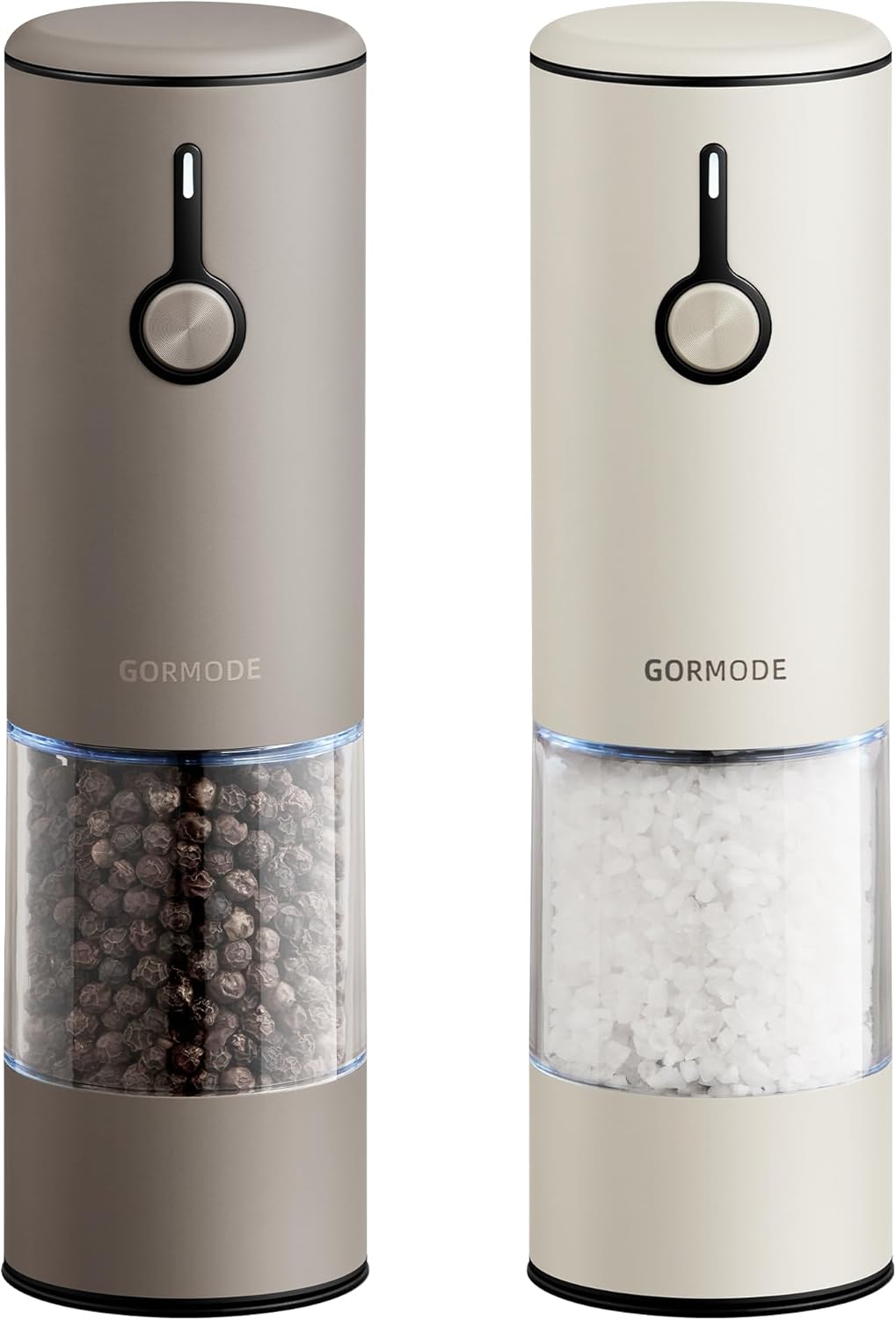 Stainless Steel Rechargeable Electric Salt and Pepper Grinder Set \u2013 USB Charging, One-Hand Electric Mill, Adjustable Coarseness, LED Light & Dust Cover \u20132pack(Greige & Buttercream)