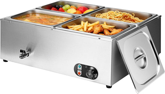 Commercial Food Warmer 48 Qt Stainless Steel Steam Table Countertop Buffet Warmer, 4-Pan 1500W Electric Bain Marie Food Warmer with Adjustable Temperature for Restaurants, Catering, Hotels