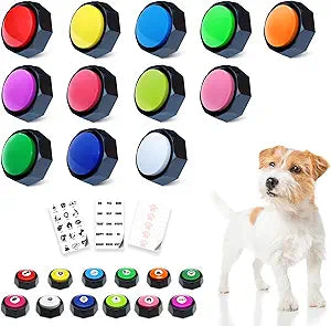 12 Color Pet Communication Buttons, Dog Buttons with 3-Mode Switch (Play/Off/Record), Talking Recordable Buttons, Includes 45 Training Stickers & Batteries for Effective Training