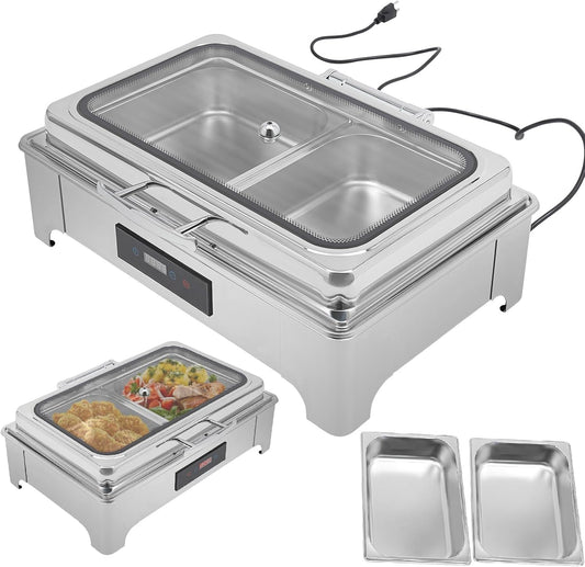 Stainless Steel Electric Food Warmer, 2.38 Gallons Commercial Chaffing Server, Chafing Dish Buffet with 95-194°f Temperature Control, Two Trays and Clear Lid for Hotels, Cafeterias, Restaurants
