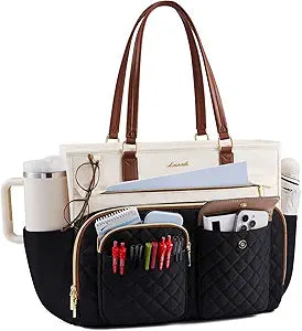 LOVEVOOK Tote Bag for Women, Work Bag with Large Cup Holder, Large Capacity Teacher Tote with Multi Pockets, Water Resistant Nurse Diaper Tote Fit 17.3 Inch Laptop, 17.3 Inch Black Beige Brown