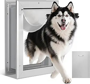 Ownpets Aluminum Large Dog Door for Wall and Door, Double Flap Energy Efficient, Telescoping Tunnel and Lock Panel, Heavy Duty Doggy Door for Dogs Up to 100lbs