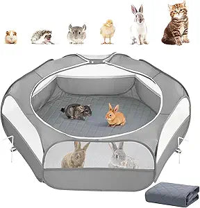 2-in-1 Small Animals Playpen with Pad, Waterproof Small Pet Cage Tent with Reusable Pad, Portable Outdoor Yard Fence with 3 Metal Rod for Chick/Kitten/Puppy/Guinea Pig/Rabbits/Chinchillas, Gray