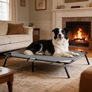 Folding Elevated Dog Bed for Large Dogs, Portable Raised Camping Outdoor Dog Bed, Washable Elevated Pet Beds with No-Slip Feet, Raised Cooling Pet Beds for Indoor & Outdoor Use, Grey, 44 Inches
