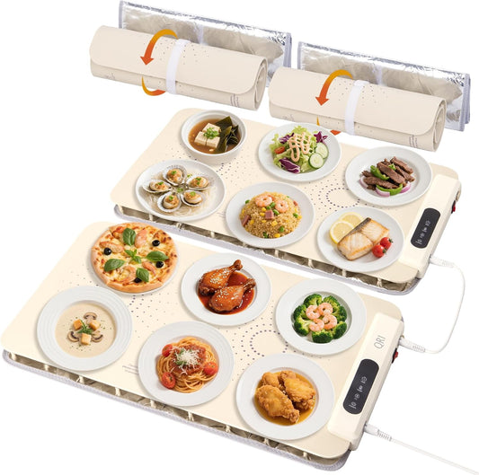 Warming Mat for Food, 2 Pack Food Warming Mat with Color-Changing Coating & Thermal Insulating Pads, Electric Warming Tray for Buffet, Parties, Home, 8 Adjustable Temp & 6 Timer