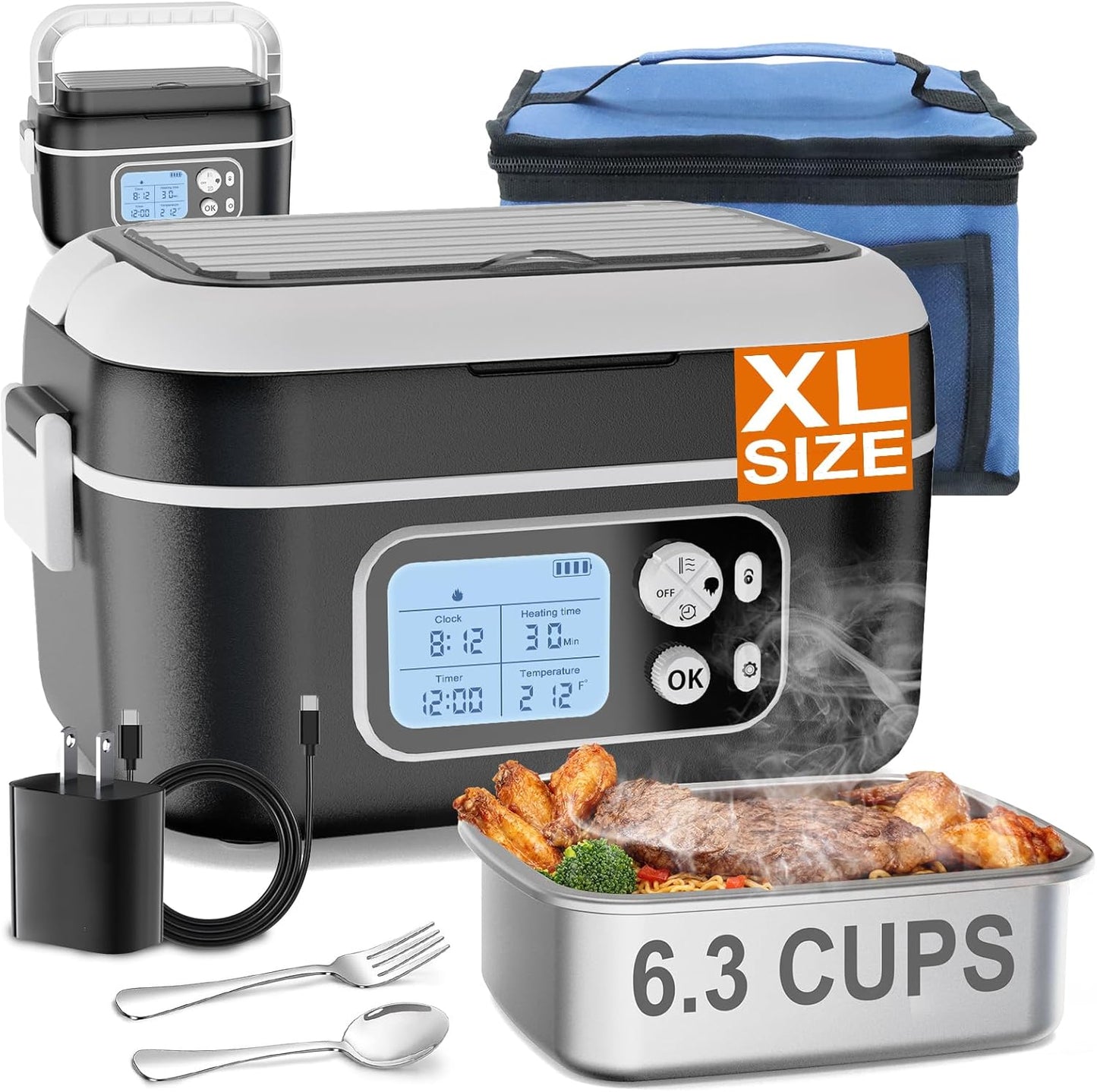 ZRYBOMY 6.3-Cup Cordless Electric Lunch Box for Adults, 24000mAh Heated Lunch Box For Men Battery Powered with Automatic Heating, 100W Self-Heating Portable Food Warmer for Hot Meals Anywhere, Black