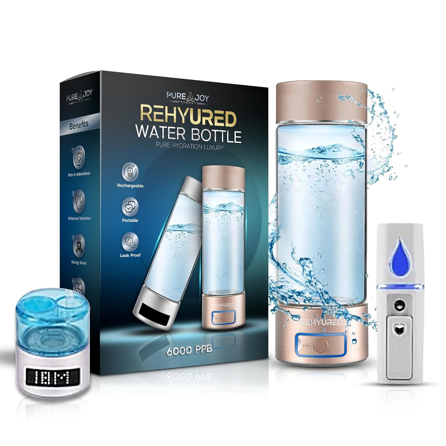 3-in-1 Hydrogen Water Bottle - Hydrogen Water Bottle Generator Ultra-High 6 PPM Concentration, 13.5oz Portable Glass, Lightweight and Portable Design, Rechargeable USB\/Battery\/Electric Power (Gold)