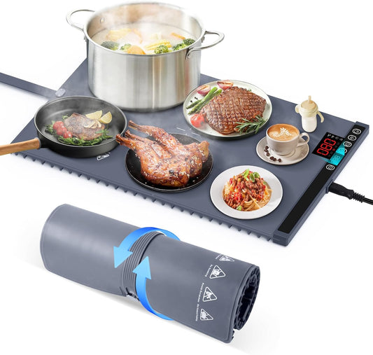 SOPPY 23.6"x15" Fast Heating Food Warmer Mat - 6-Level Temp Control, Safety Lock, Roll-Up Portable Design， Electric Warming Tray for Buffet, Home, Travel-Grey