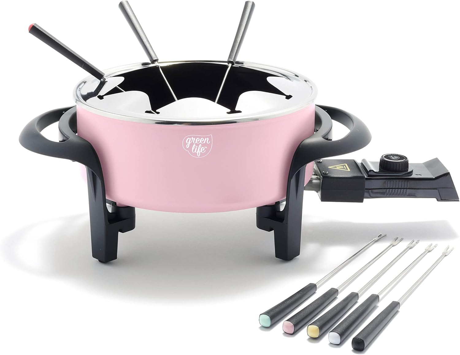 GreenLife 14 Cup Electric Fondue Maker Pot Set For Cheese, Chocolate, and Meat, 8 Color Coded Forks, Healthy Ceramic Nonstick, Adjustable Temperature Control, PFAS-Free, Pink