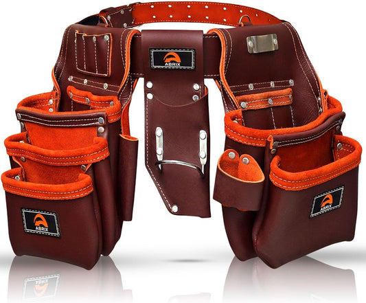 ABRIX Oil Tanned Leather Tool Belt for Men Framing Rig Carpenter Tool Belt with Tool Pouches Padded construction belt pauchas para construccion