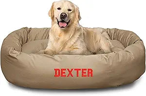 Majestic Pet Personalized 40 Inch Bagel Calming Dog Bed Washable â€“ Cozy Soft Round Dog Bed with Spine Support for Dogs to Rest Their Head - Fluffy Donut Dog Bed 40x29x9 (Inch) - Large â€“ Khaki