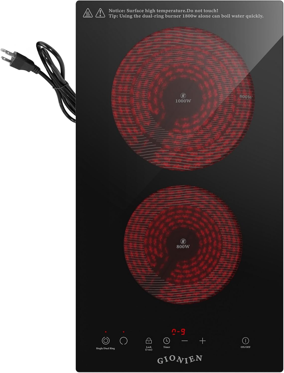 Electric Cooktop 2 Burners 110V~120V, 12'' Plug in Electric Stove Top,Countertop or Built-in,Ceramic Glass,Sensor Touch Control,Timer,9 Power Levels,Portable,1800W