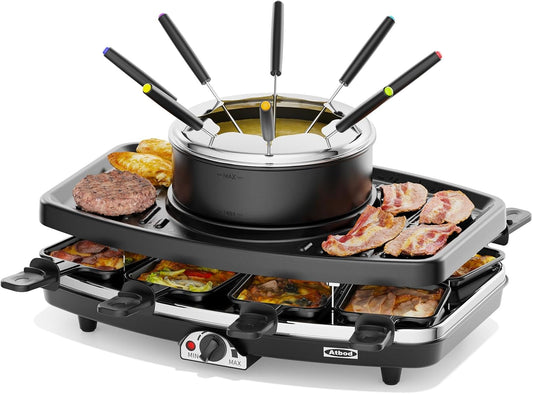 Electric Fondue Pot Sets, Electric lndoor Raclette Table Grill for 8 People, Adjustable Temperature Control and 8 Paddles, Perfect for Parties and Family Fun