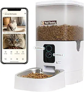 TailTeddy Automatic Cat Feeder with Dual Camera & AI Detection (6L), Smart Pet Feeder with WiFi App & Two-Way Audio, Timed Cat Feeder up to 6 Meals/Day, Stainless Steel Bowl & Battery Backup