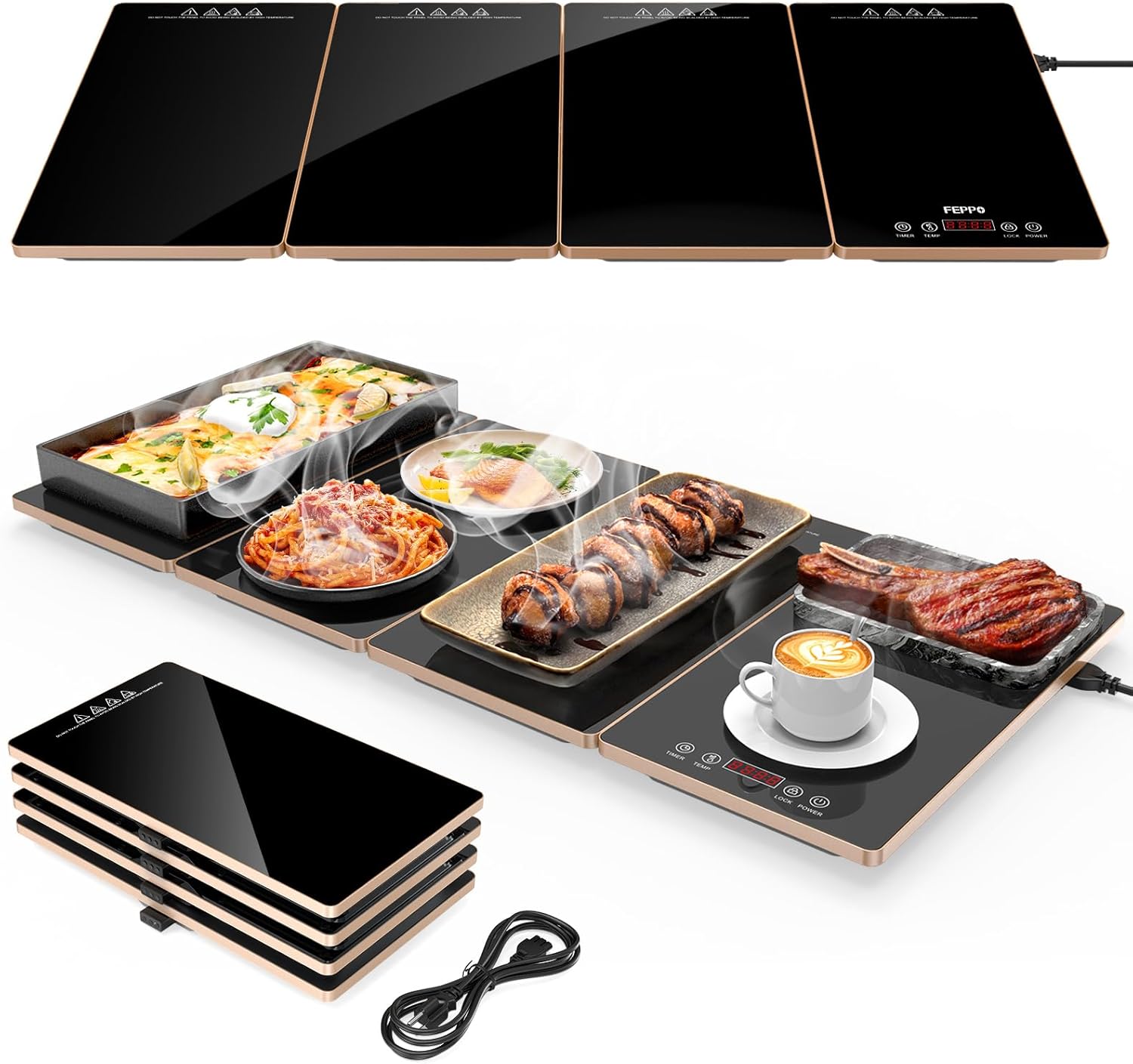 FEPPO Electric Warming Tray, 4-in-1 Food Warmers for Parties Buffet with 10 Temp Settings and Timer, 33"x15" Glass Surface Warming Mat for Food, Modular Buffet Hot Plates for Catering and Gatherings